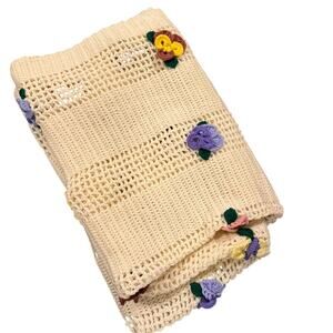 Handmade Crochet 3D Afghan Ivory Color Flowers Throw Sofa Blanket Open Knit